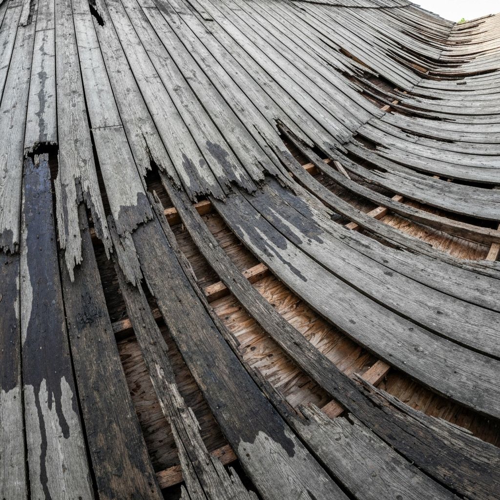 Before: Water damaged roof decking showing rotted wood and structural issues